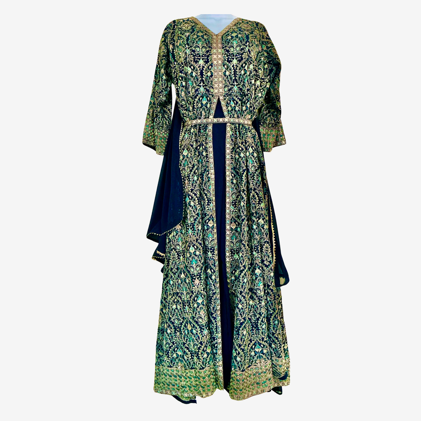 Aqua Blue & Black Embroidered Saree