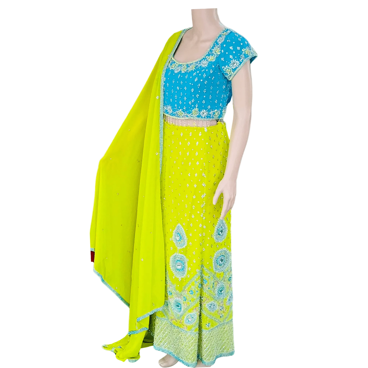 Blue & Lime Yellow Embroidered Sharara Set - Devi's Exclusive Fashion