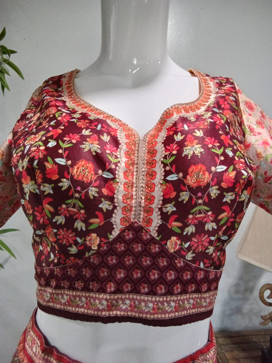 Blush Pink & Burgundy Floral Embroidered Lehenga Set with Matching Dupatta (3-Piece) - Devi's Exclusive Fashion