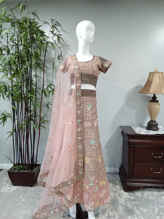 Brown Embroidered 3-Piece Lehenga with Gold Threadwork - Devi's Exclusive Fashion