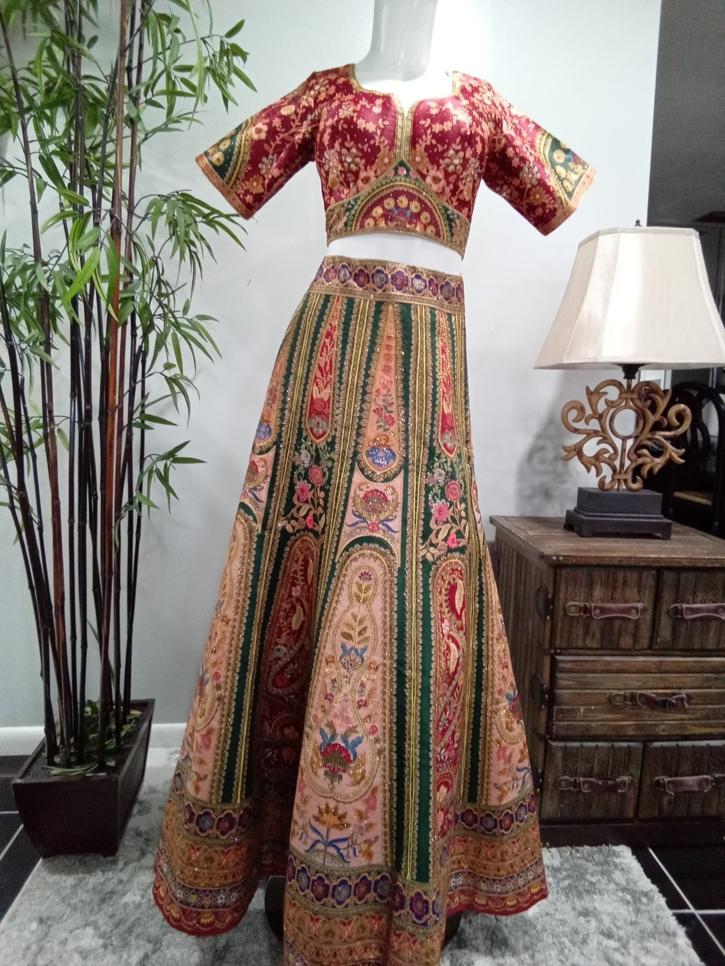 Burgundy & Emerald Floral Designer Lehenga Set with Blush Pink Dupatta (3-Piece) - Devi's Exclusive Fashion