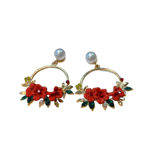 Floral Hoop Earrings with Pearl Accent - Devi's Exclusive Fashion