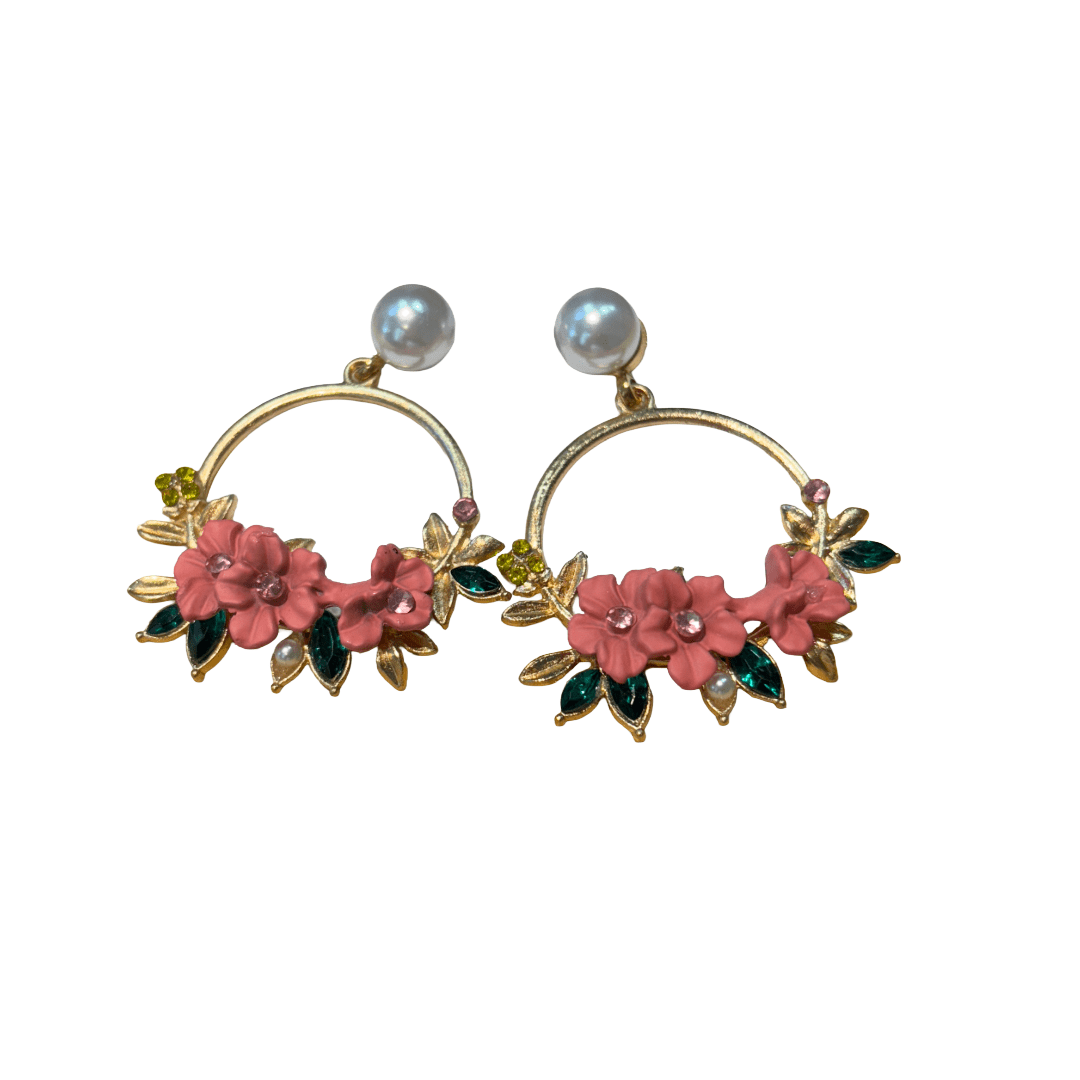 Floral Hoop Earrings with Pearl Accent - Devi's Exclusive Fashion