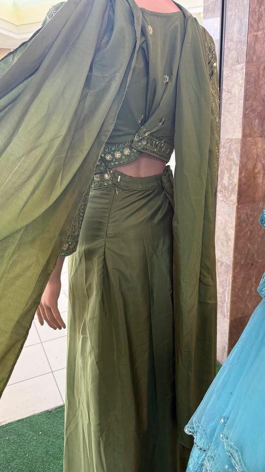 Olive Green Embroidered Ruffle Lehenga Set (3-Piece) - Devi's Exclusive Fashion