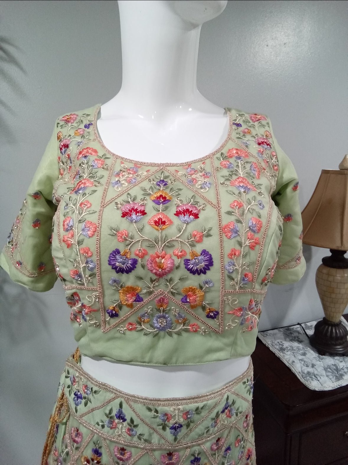 Pastel Sage Green Floral Embroidered Lehenga Choli Set - Devi's Exclusive Fashion
