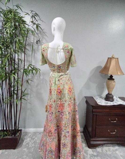 Pastel Sage Green Floral Embroidered Lehenga Choli Set - Devi's Exclusive Fashion
