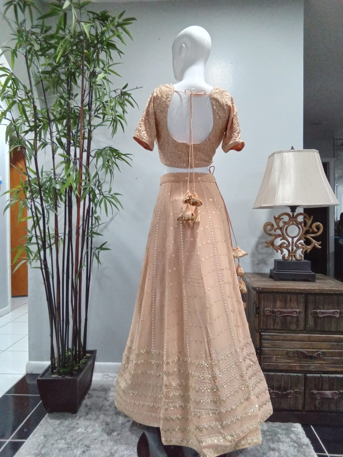 Peach & Gold Embroidered Lehenga Set with Dupatta - Devi's Exclusive Fashion