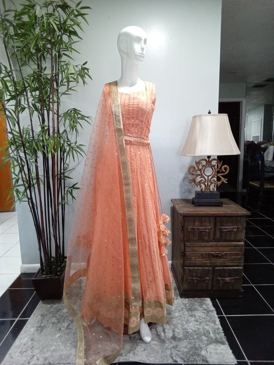 Peach Sequin Embroidered Lehenga Set with Matching Dupatta (3-Piece) - Devi's Exclusive Fashion