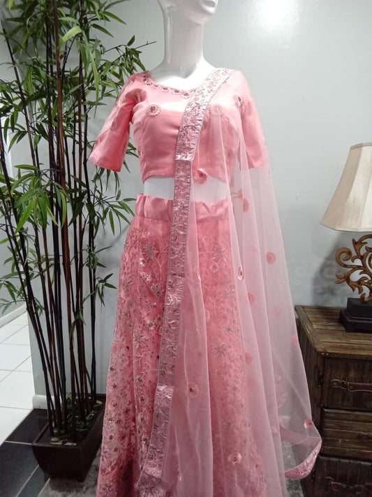 Pink Embroidered Lehenga Set with Gold & Silver Detailing - Devi's Exclusive Fashion