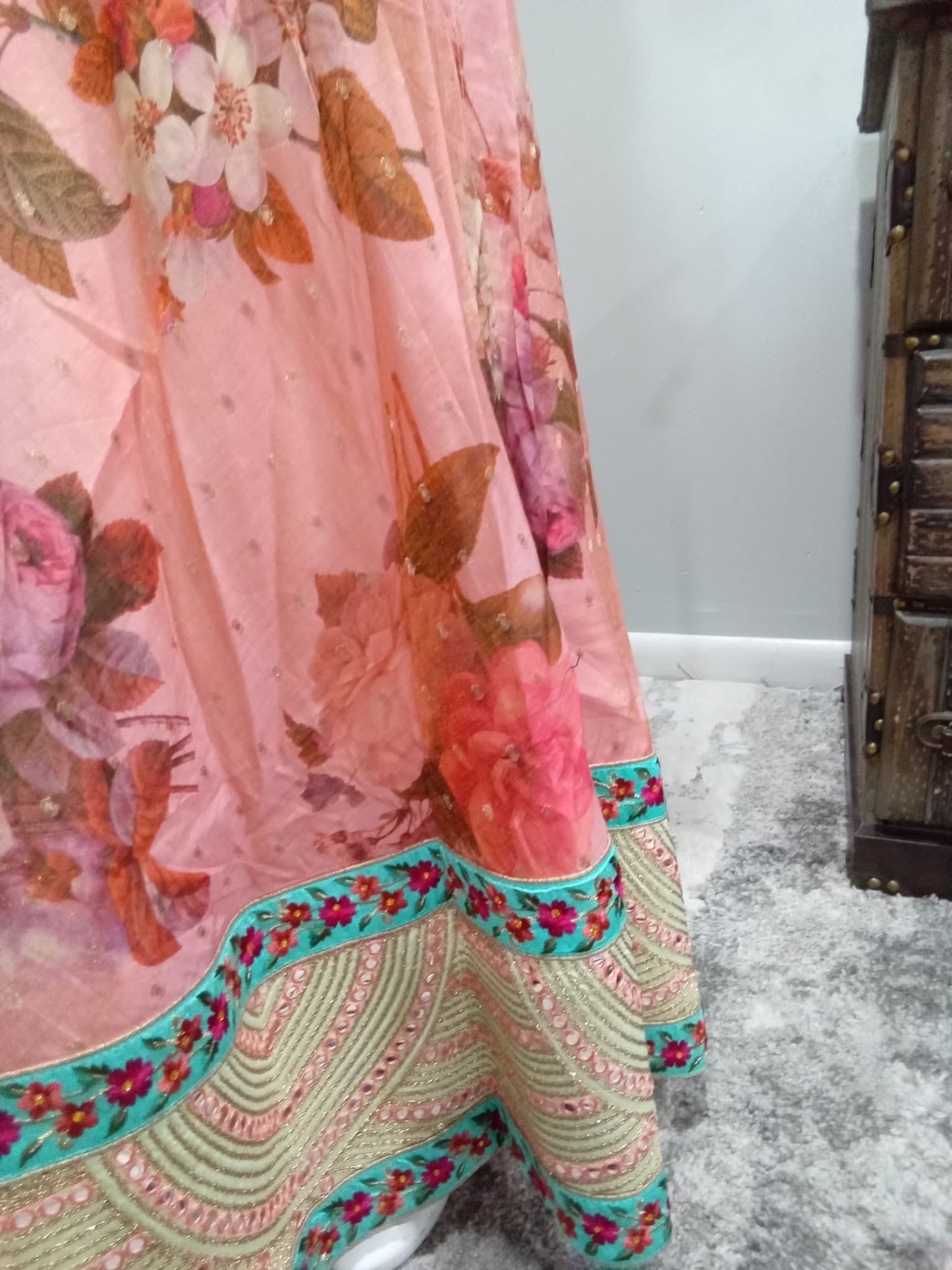 Pink & Teal Blue Designer Lehenga with Gold Embroidery - Devi's Exclusive Fashion