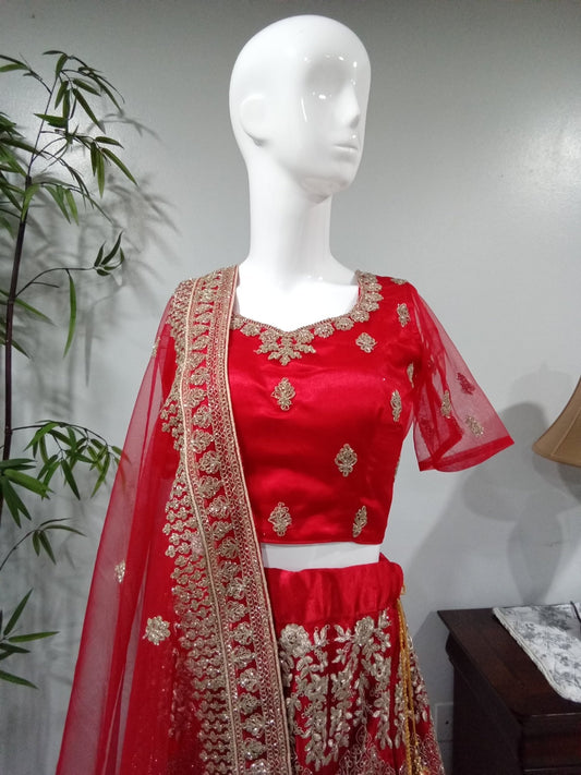 Red 3-Piece Lehenga with Silver and Gold Design - Devi's Exclusive Fashion