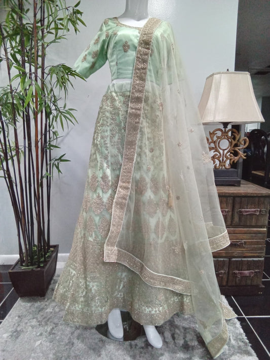 Sage Green Embroidered Lehenga Set with Gold Net Dupatta (3-Piece) - Devi's Exclusive Fashion