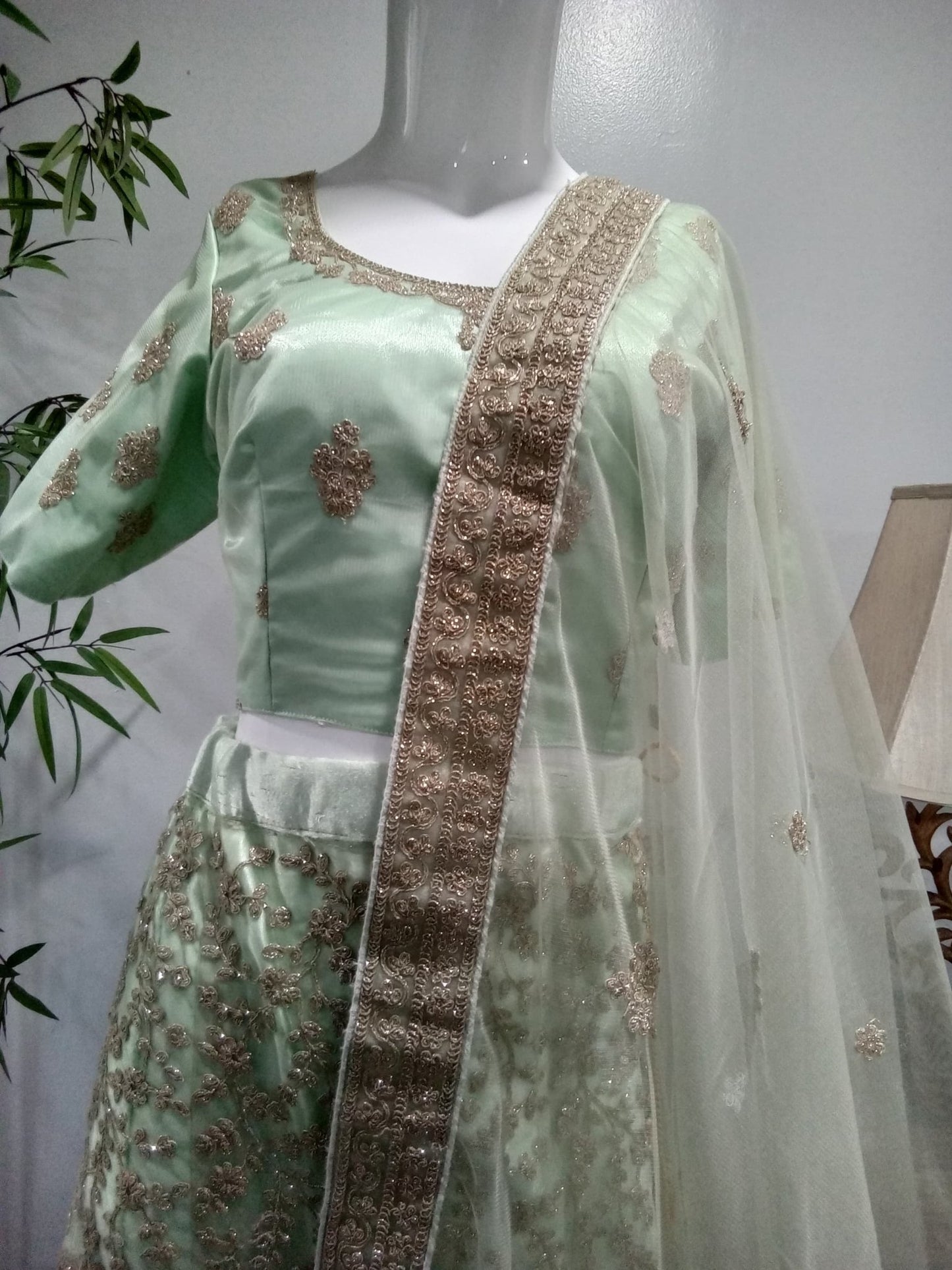 Sage Green Embroidered Lehenga Set with Gold Net Dupatta (3-Piece) - Devi's Exclusive Fashion