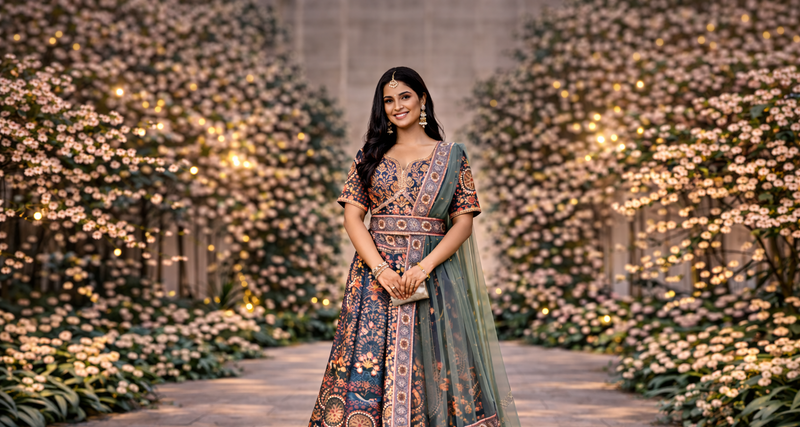 Woman with blush pink lehenga choli standing in front of building with pillars.