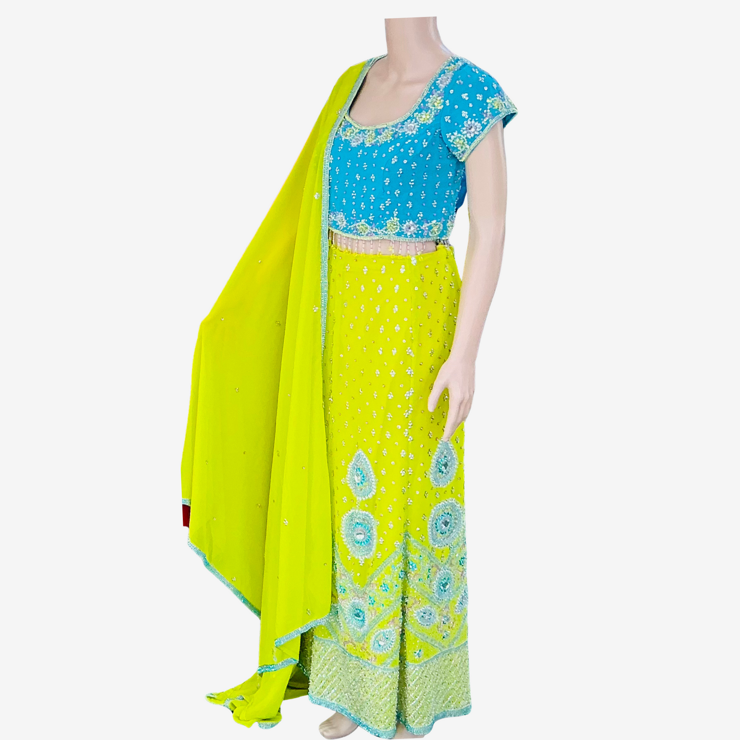 Blue & Lime Yellow Embroidered Sharara Set