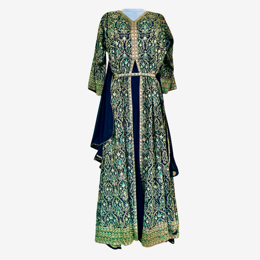 Aqua Blue & Black Embroidered Saree