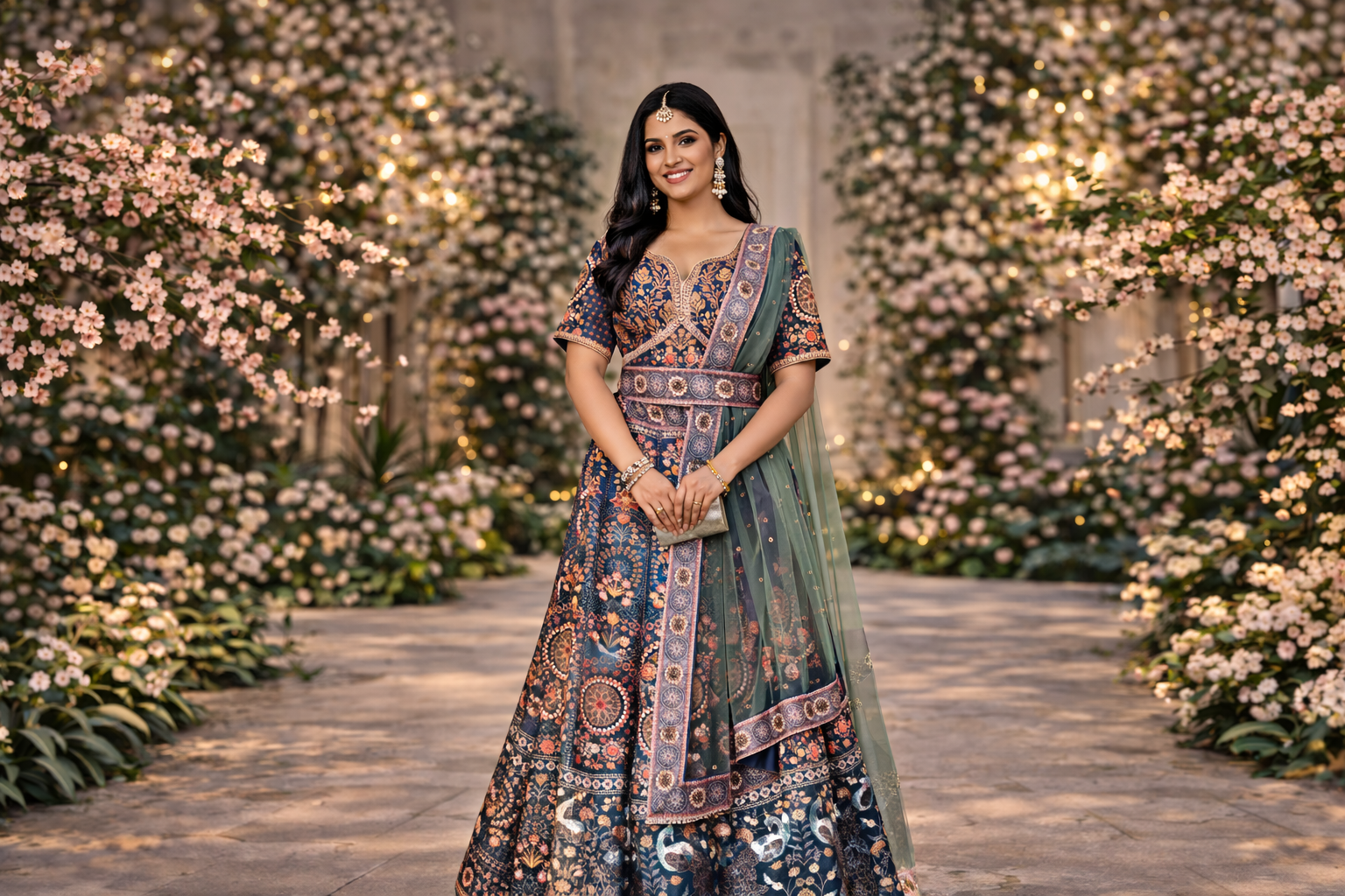 Woman in a traditional Lehenga Choli standing in a garden with flowers