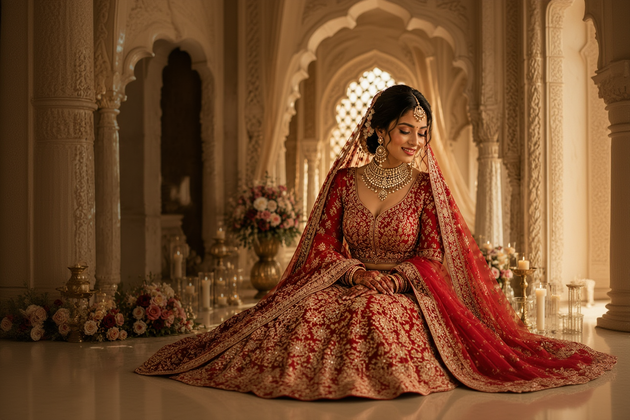 A woman in an ornate red and gold bridal lehenga sits in a decorated interior with columns and floral arrangements. 