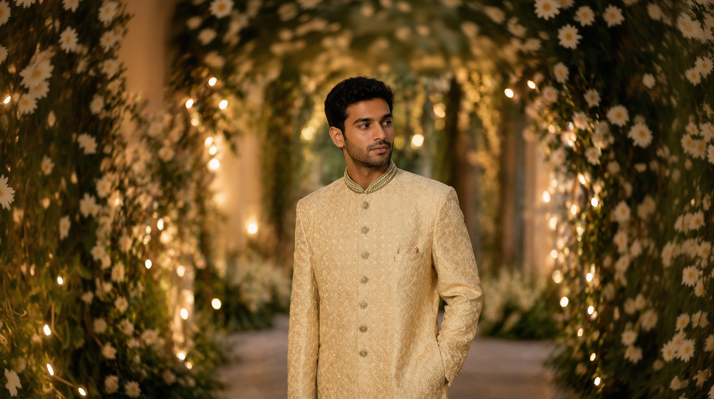 Man in a beige traditional outfit standing in a decorated pathway with lights and greenery.
