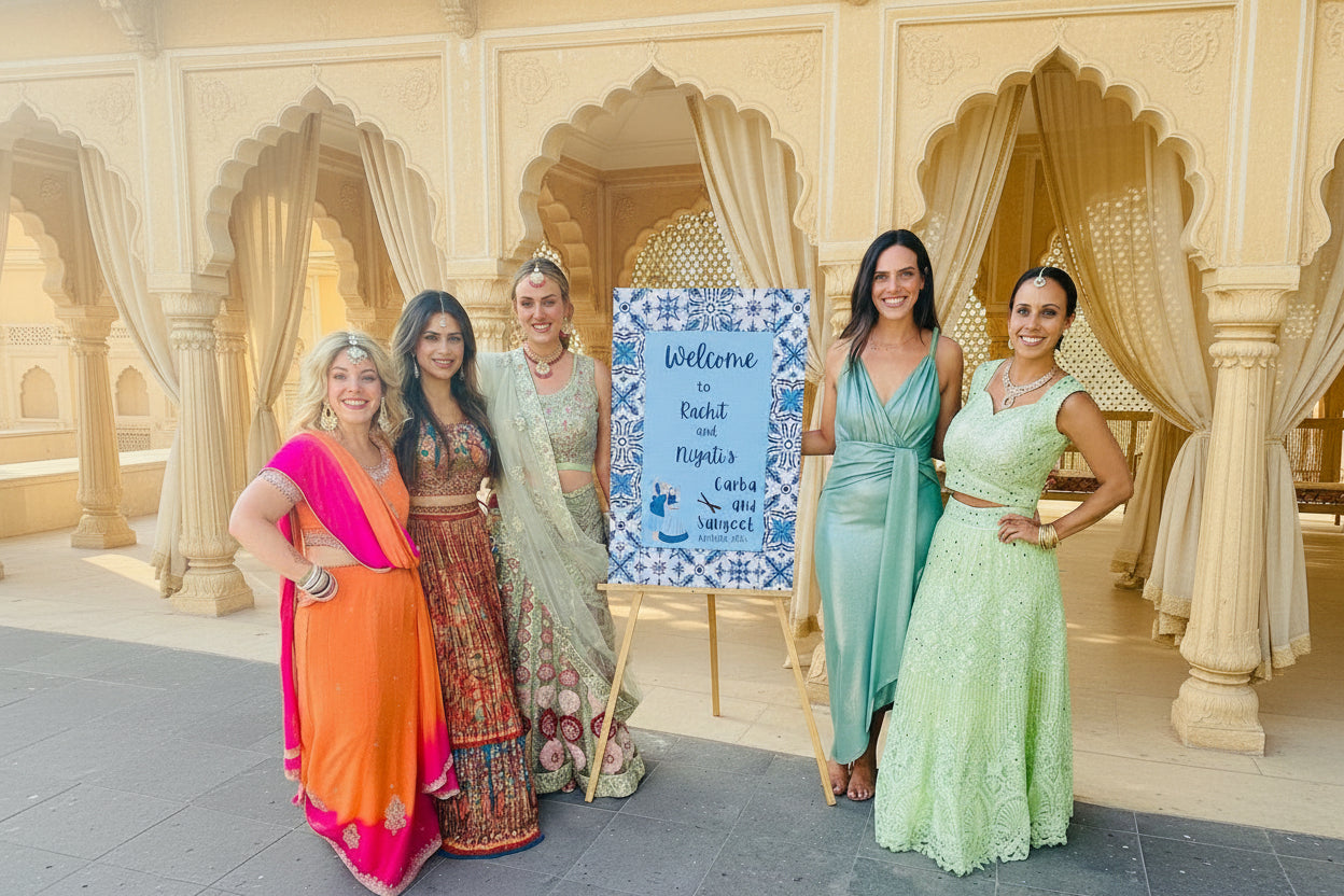 Group of women in traditional and formal attire standing next to a 'Welcome' sign outdoors.