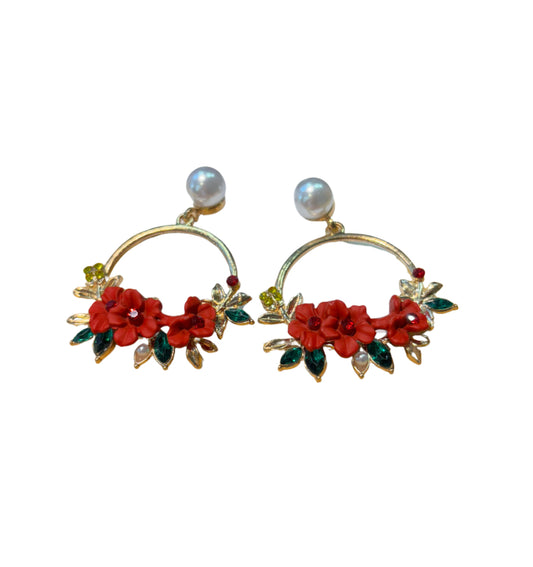 Floral Hoop Earrings with Pearl Accent