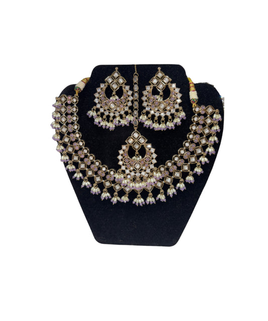 Gold-Toned Bridal Necklace Set with Lavender Crystal Accents