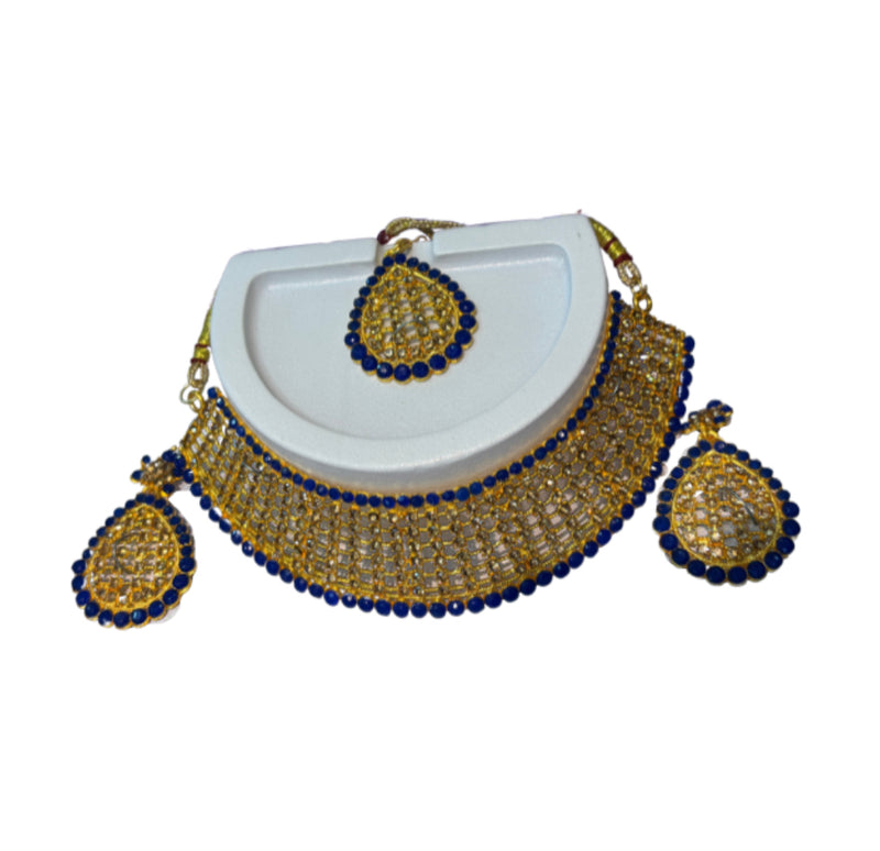 Gold-Toned Indian Choker Necklace Set with Crystal & Bead Detail