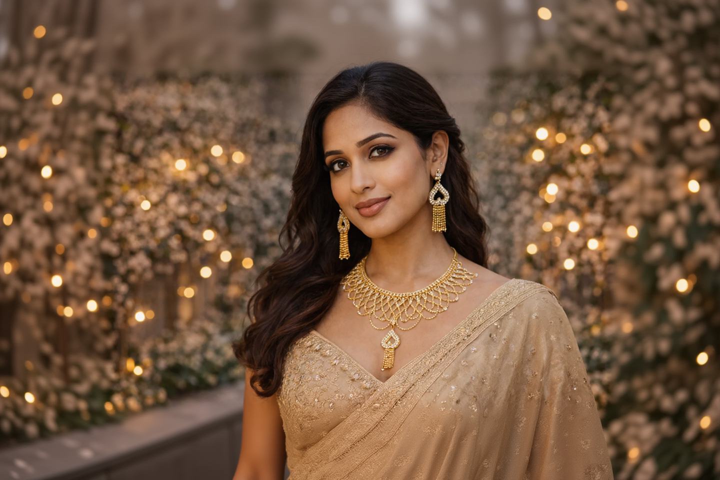 Woman wearing gold jewelry against a decorated background