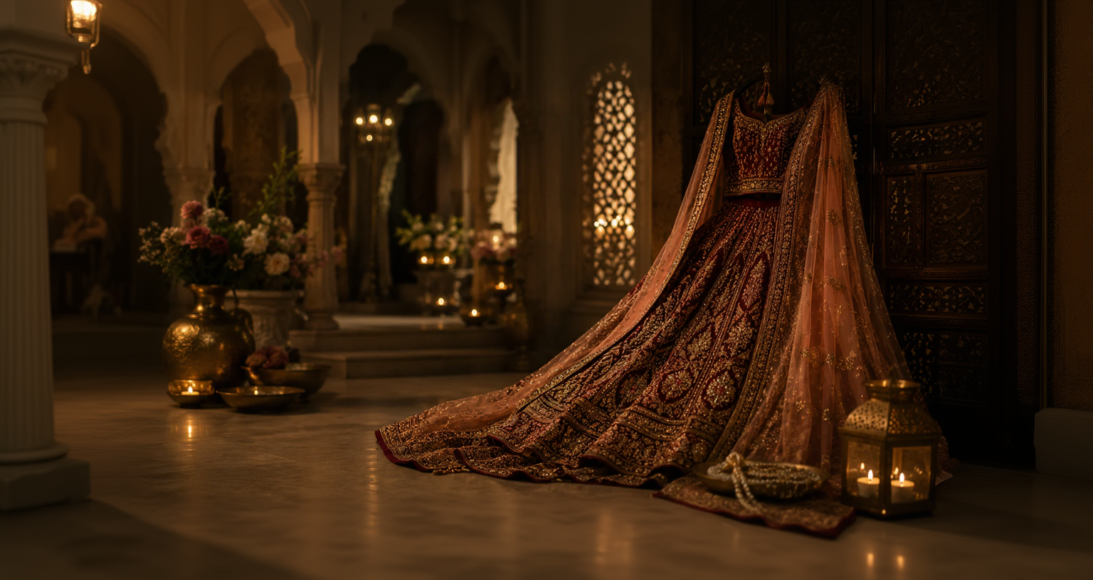 An ornate traditional bridal outfit with a heavily embroidered peach-pink and gold lehenga, draped in a grand train across a stone courtyard with warm lanterns and floral arrangements in the background.
