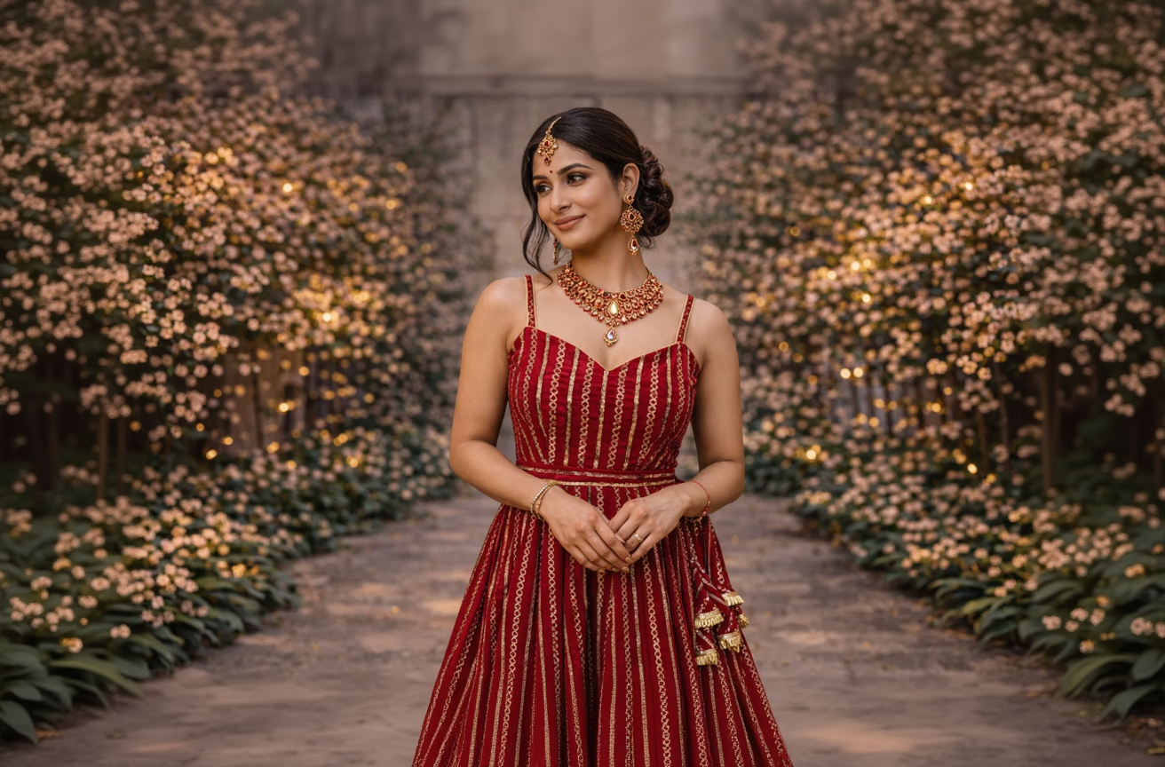 Woman in a red dress with jewelry standing in front of a floral background