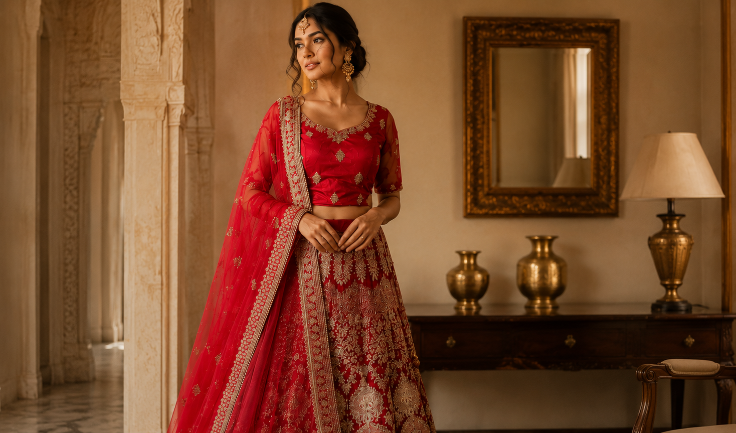 Woman in a red traditional Lehenga Set standing in a decorated room with a mirror and lamp.