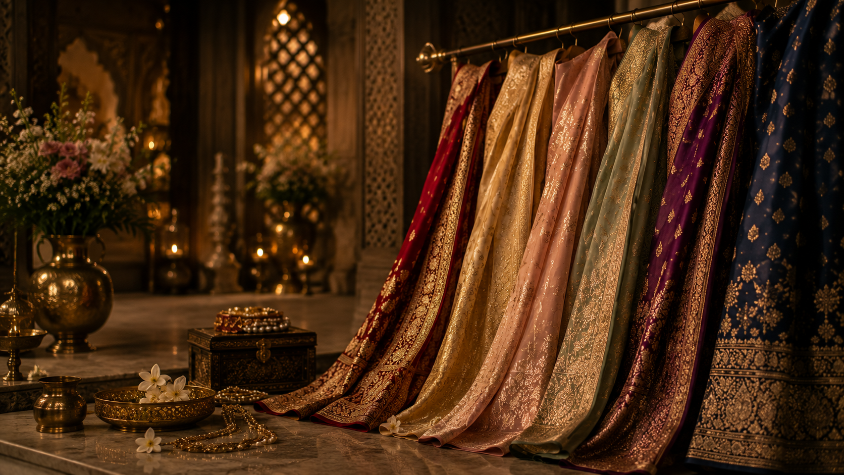 A display of multiple traditional Indian sarees with intricate gold zari embroidery hanging on a rack in a warmly lit, ornate room. The sarees showcase a variety of colors including red, gold, pink, green, purple, and navy blue.