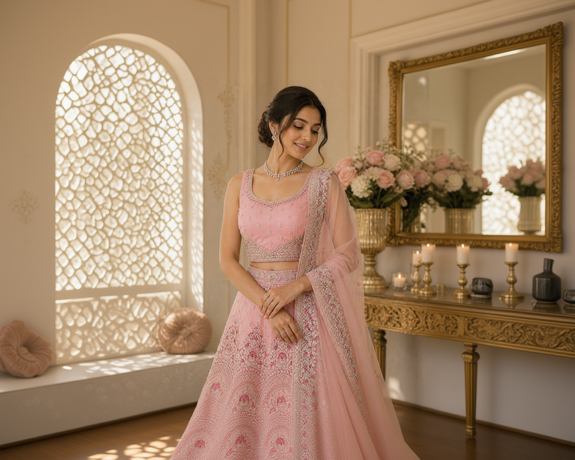 Woman in a pink traditional outfit standing in a decorated room with flowers and candles.