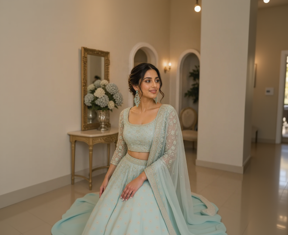 Woman in a light blue embroidered traditional outfit standing in an elegant room.