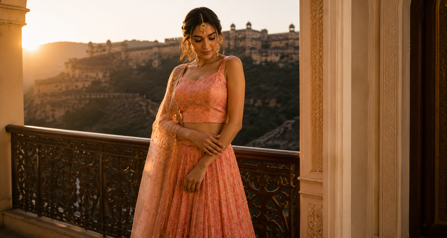 Woman in a pink traditional outfit standing on a balcony with a scenic view at sunset.