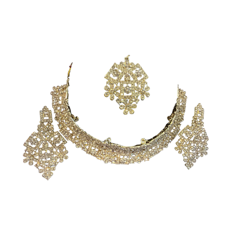 Gold-Toned Crystal Necklace Set with Floral Detailing