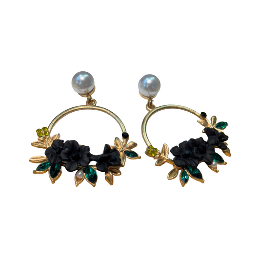 Floral Hoop Earrings with Pearl Accent