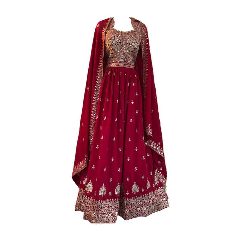 Red Embroidered Anarkali Dress with Dupatta