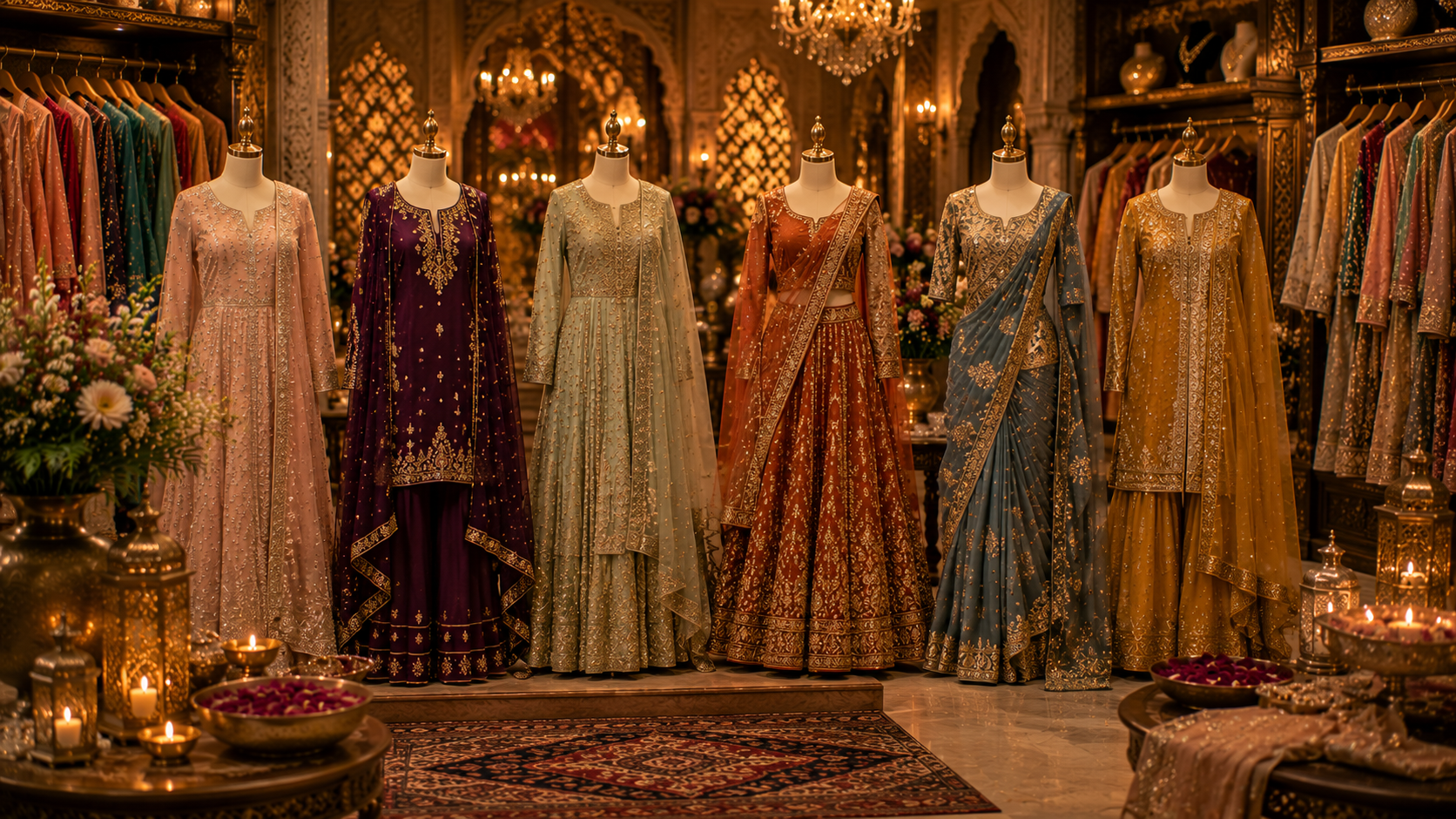 Six traditional Indian ethnic ensembles displayed on mannequins inside an ornate boutique. The outfits include a light pink kurta, a deep purple embroidered lehenga, a sage green embroidered kurta, a rust orange embroidered lehenga, a dusty blue embroidered lehenga, and a mustard yellow embroidered kurta.