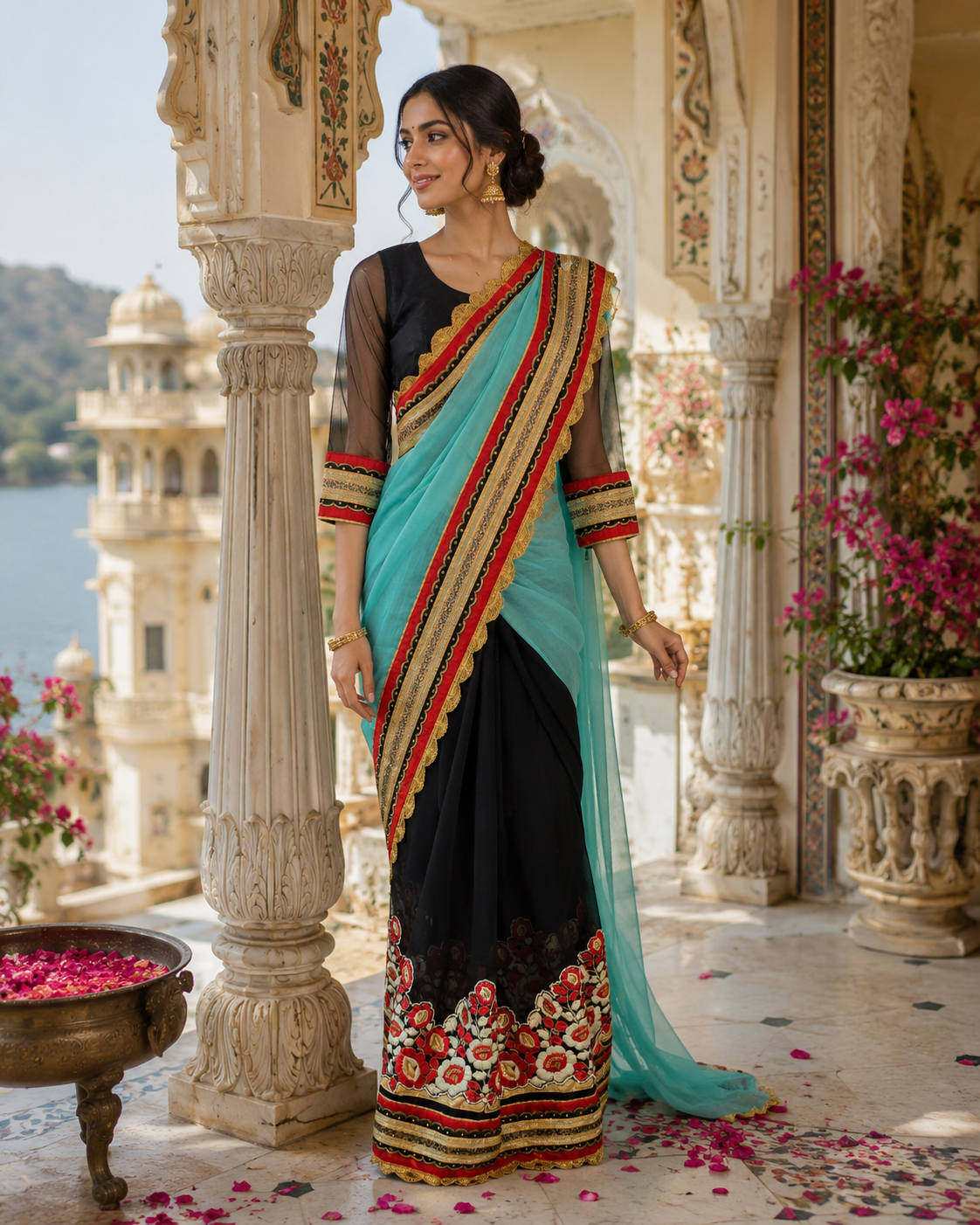 Woman in a traditional saree standing in an ornate architectural setting with flowers and water in the background.