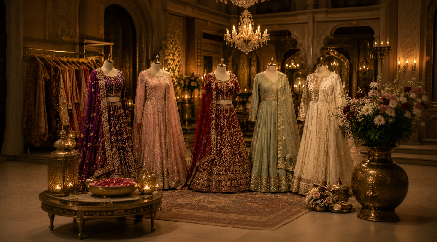 Five traditional Indian lehenga choli outfits displayed on mannequins in an ornate, warmly lit boutique. The garments include purple, dusty pink, deep red, sage green, and cream-colored traditional ensembles with intricate embroidery.