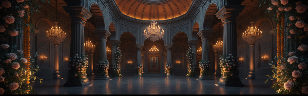 A wide view of an ornate grand hall with tall columns, chandeliers, arched windows, and floral decorations along the sides, framed by black letterbox bars at the top and bottom.