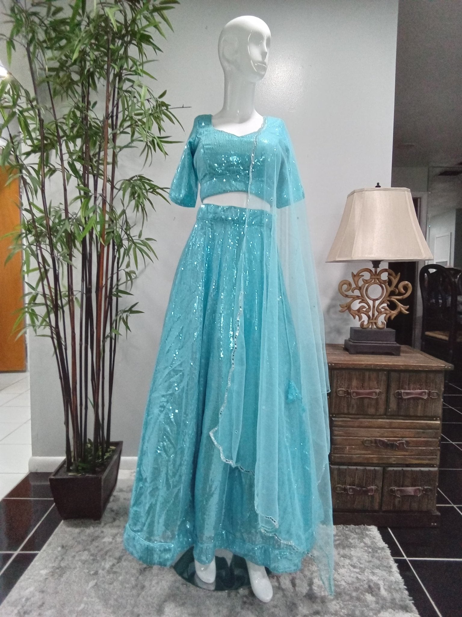 Aqua Blue Sequin Lehenga Set with Matching Dupatta (3-Piece) - Devi's Exclusive Fashion