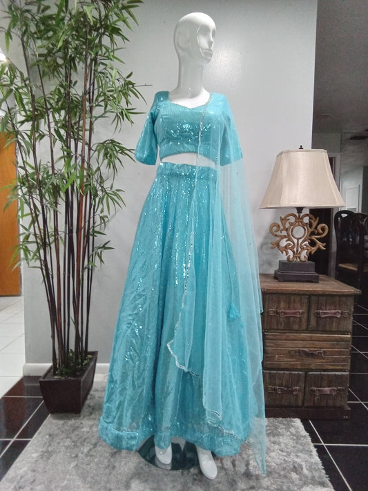 Aqua Blue Sequin Lehenga Set with Matching Dupatta (3-Piece) - Devi's Exclusive Fashion