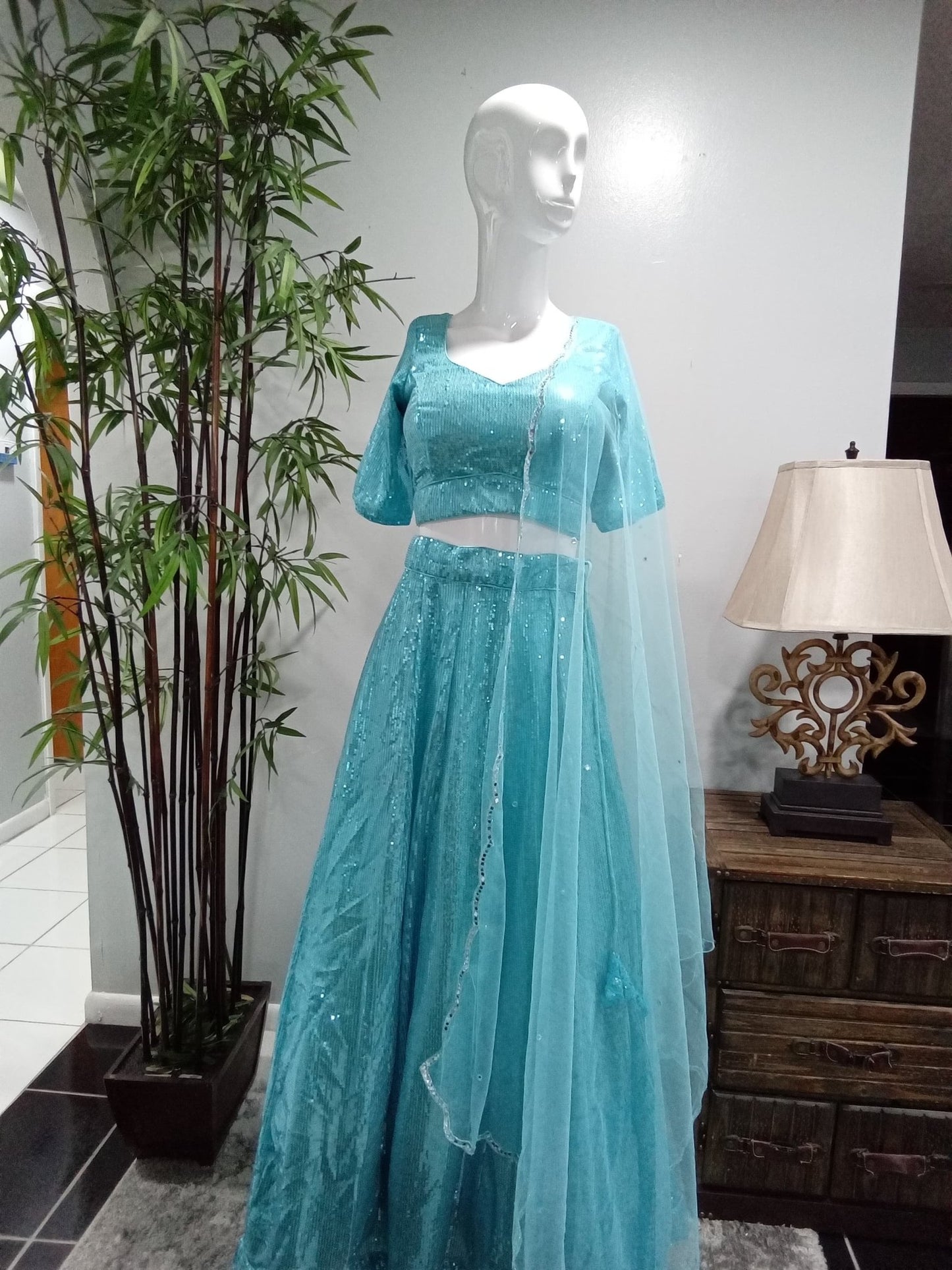 Aqua Blue Sequin Lehenga Set with Matching Dupatta (3-Piece) - Devi's Exclusive Fashion
