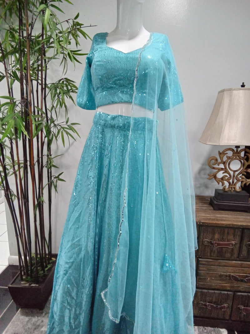 Aqua Blue Sequin Lehenga Set with Matching Dupatta (3-Piece) - Devi's Exclusive Fashion