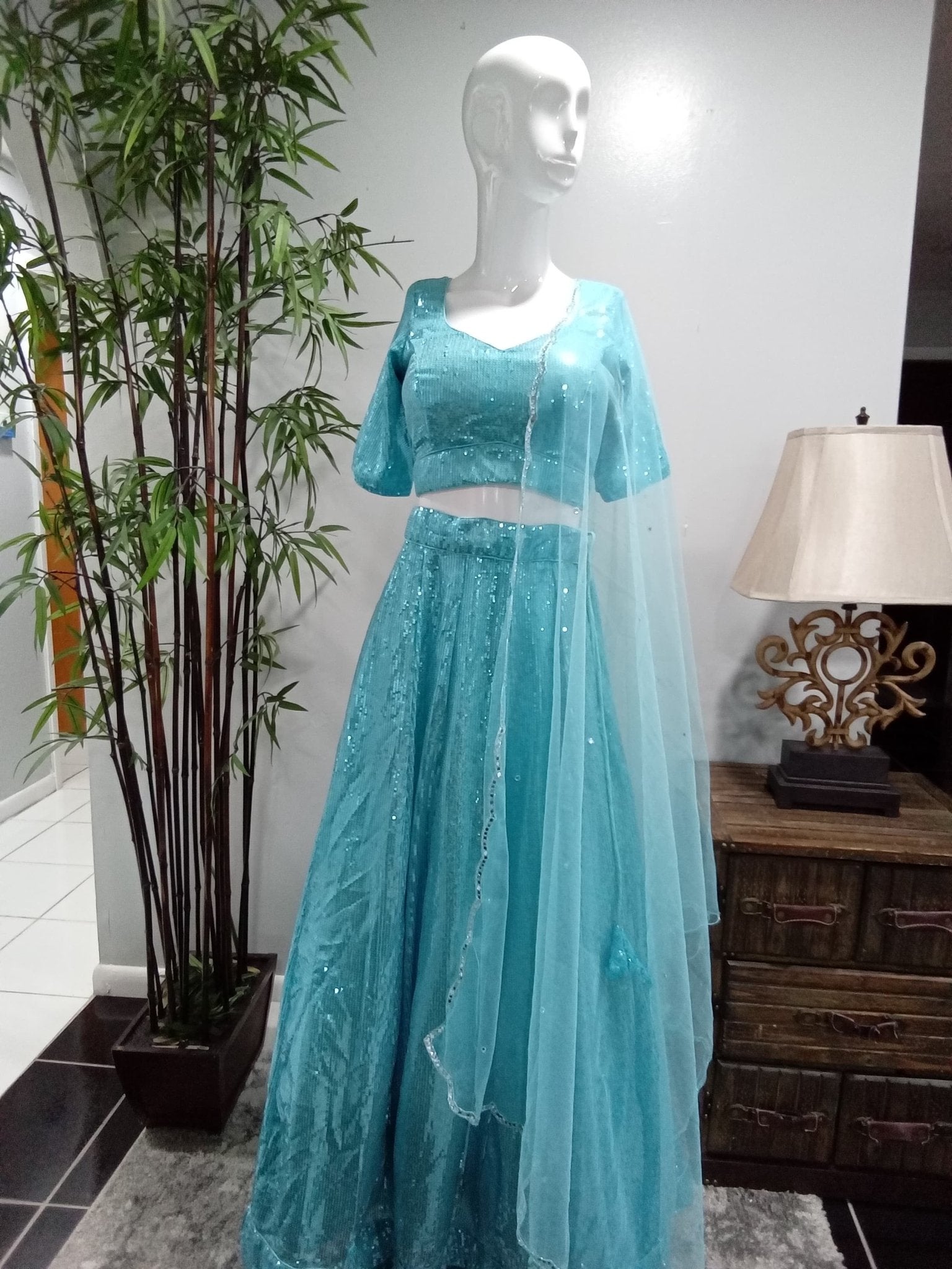 Aqua Blue Sequin Lehenga Set with Matching Dupatta (3-Piece) - Devi's Exclusive Fashion