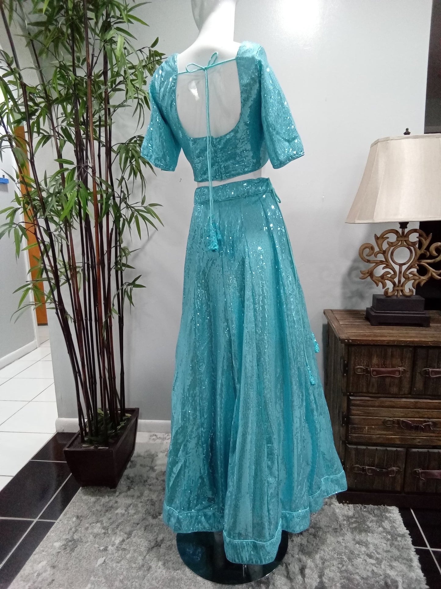 Aqua Blue Sequin Lehenga Set with Matching Dupatta (3-Piece) - Devi's Exclusive Fashion