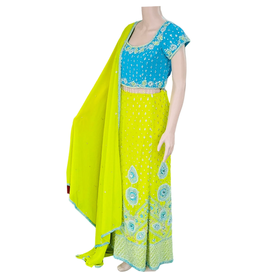 Blue & Lime Yellow Embroidered Sharara Set - Devi's Exclusive Fashion