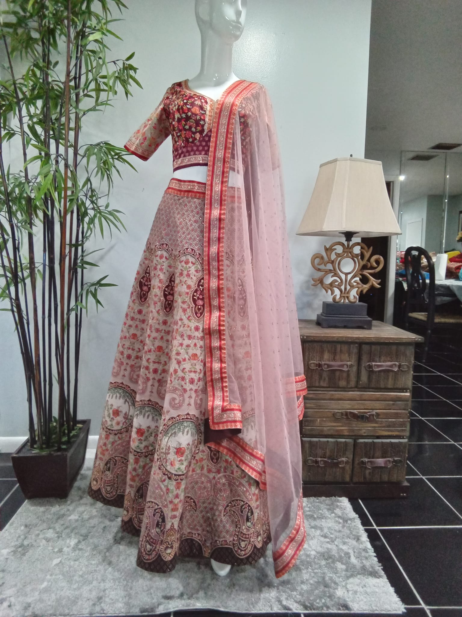 Blush Pink & Burgundy Floral Embroidered Lehenga Set with Matching Dupatta (3-Piece) - Devi's Exclusive Fashion